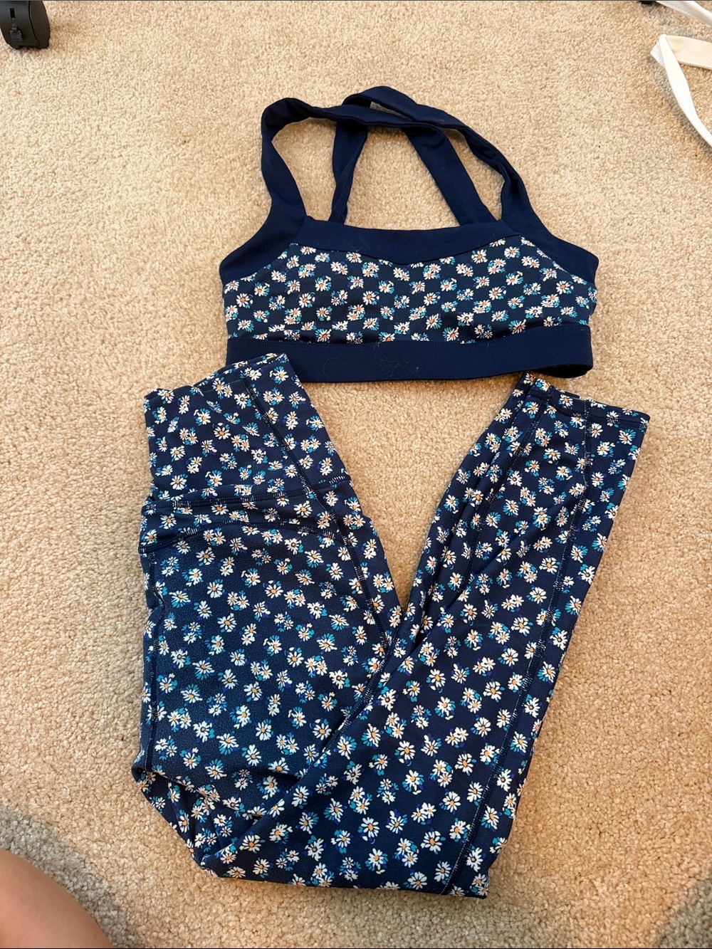 Fabletics Navy Floral Leggings and Sports Bra Set